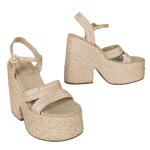 LARROUDE Carmen Raffia Platform Heeled Sandal Beige Open Toe Women's 10